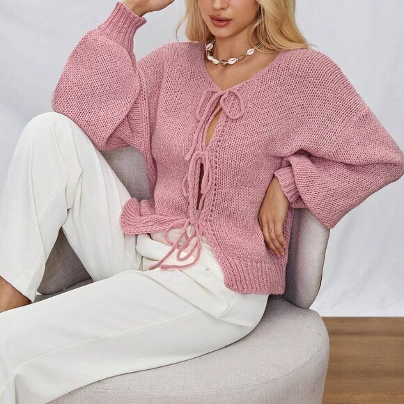 Pink Casual Women's Tie Front Belt Solid Blush Color Knitwear Sweater Cardigan - Picture 7 of 7